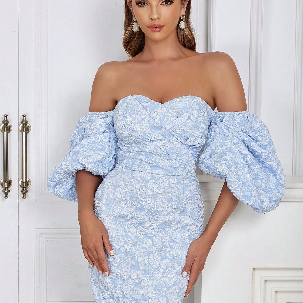 Off Shoulder Puff Sleeve Split Back Floral Jacquard Dress Baby Blue - Picture 5 of 5